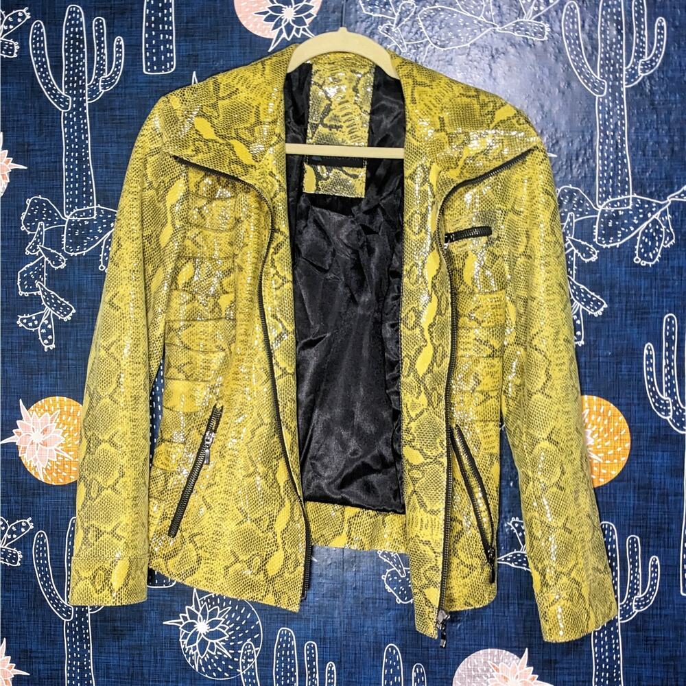 Kircilar Snakeskin Leather Moto Jacket Yellow Women's Size Small Y2K 90's